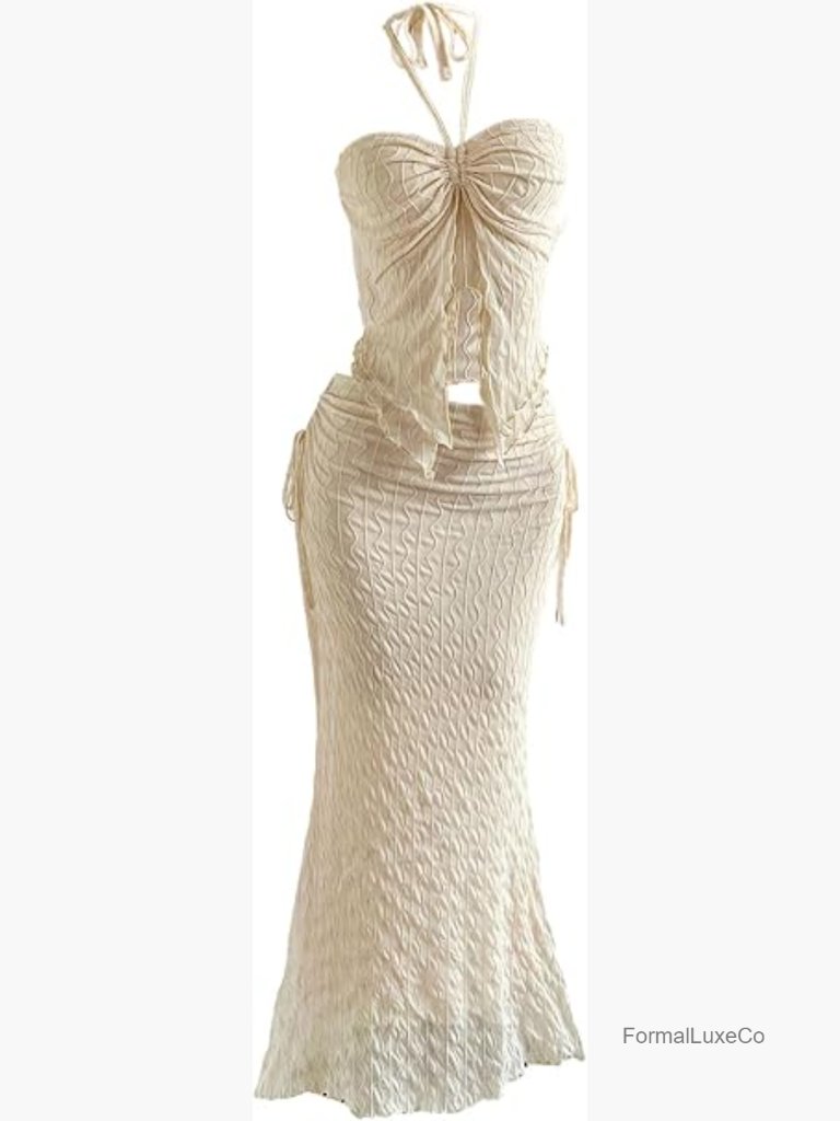 2 Piece Textured Halter Top & Fishtail Maxi Skirt Set Sleeveless Pull On